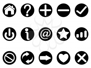 isolated black interface button icons on white background 	