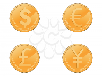 isolated four different coins symbol on white background 	
