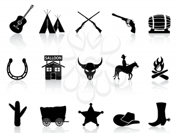 isolated black Wild West & Cowboys icons set on white background 	