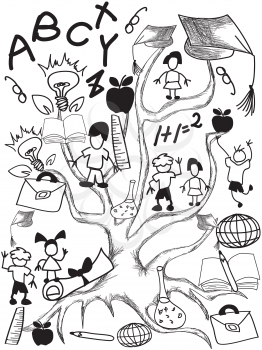 doodle background of school tree and students 