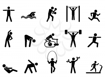 isolated black fitness people icons set from white background