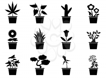 isolated black pot plants icons set from white background