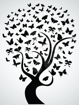 Royalty Free Clipart Image of Butterfly Silhouettes in a Tree