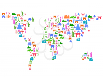 isolated World map made of landmark icons from white background