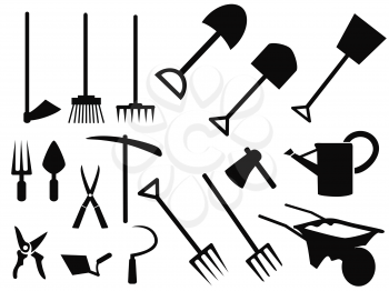 isolated black gardening tools Silhouettes  from white background 