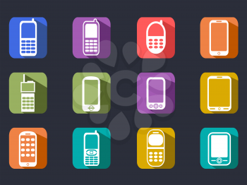 isolated flat cell phone long shadow icons on black background