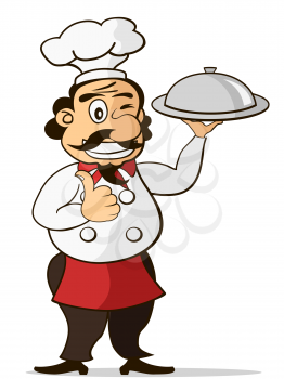 isolated the chef with smile holding the tray from white background