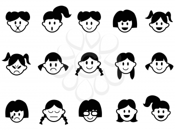 isolated girls emotion face icons from white background