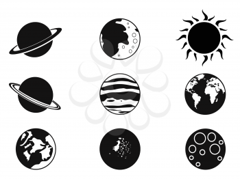 isolated black solar planet icons from white background