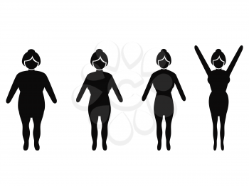 isolated woman from fat to thin, weight loss silhouettes on white background