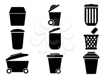 isolated black Trash can icons from white background