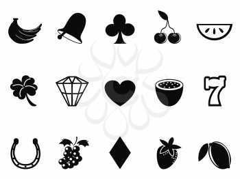 isolated black casino and slot icons set on white background 