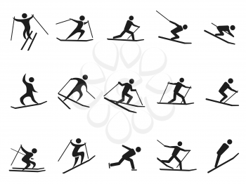 isolated black skiing stick figure icons set from white background