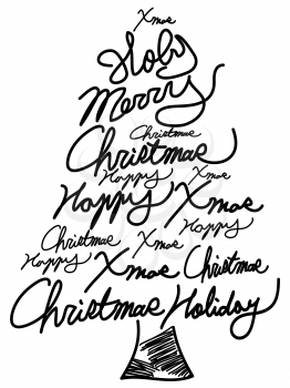 isolated doodle Christmas tree word clouds for Christmas greeting card design