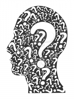 isolated human head filled with question marks on white background