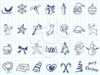 isolated doodle Christmas icon set on lined paper