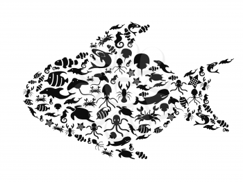 the big fish shape filled with small sea life Silhouettes on white background