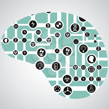 the design of human brain with circuit board with app icons