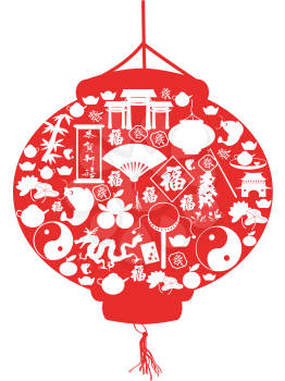the shape of Chinese New Year lantern filled wtih Chinese New Year icons