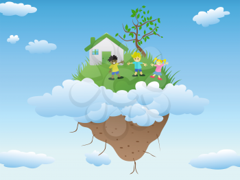 the house with happy kids playing on floating island in blue sky with clouds