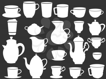 isolated white coffee and tea cups silhouettes from black background