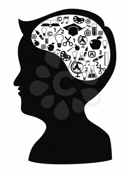 isolated boy head shape with creative idea icons from white background