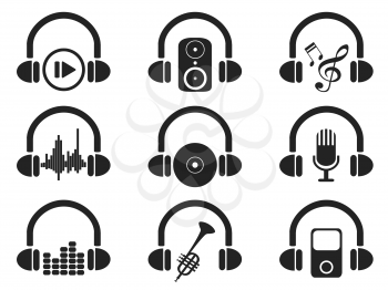 isolated black headphone with music icons set from white background