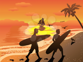 the summer background of sunset beach surfers illustraion