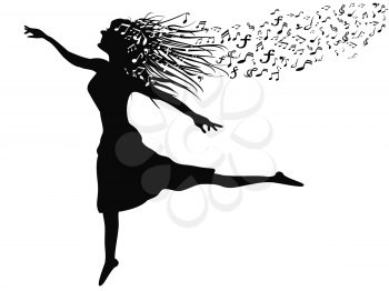 isolated a woman's silhouette dancing with music note from white background 
