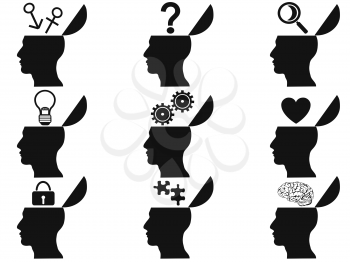 isolated black open human head icons set from white background