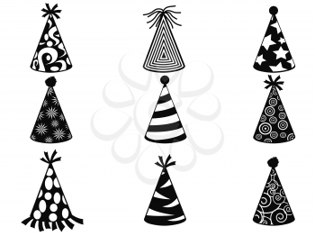 isolated black party hat icons set from white background 