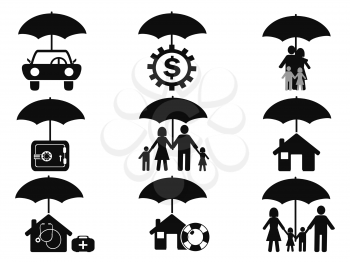 isolated black insurance icons set with umbrella from white background
