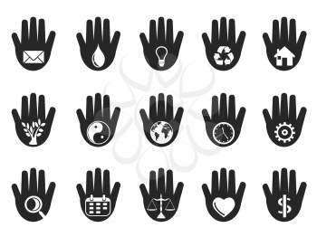 isolated black hand with icons set on white background