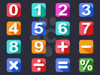 isolated numbers and math long shadow icons set on black background