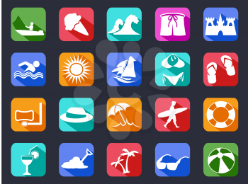 isolated summer beach flat icons set with long shadow on black background