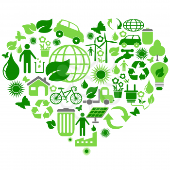 isolated eco green symbols in heart shape on white background