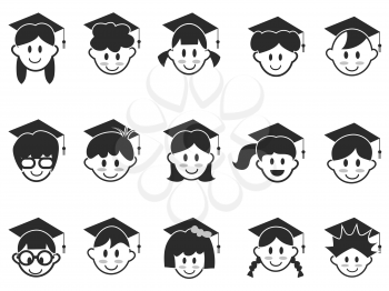 isolated kids face with graduation cap icons from white background