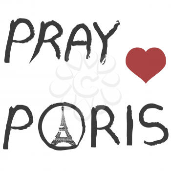 isolated sketchy style words of pray for paris with red heart on white background