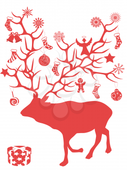 isolated red Christmas deer tree branch antlers presents on white background