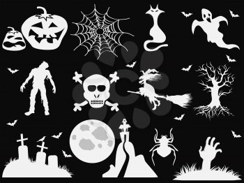 isolated white halloween icons on black background