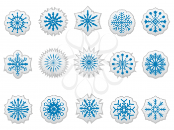 isolated blue snowflakes icons stickers labels set from white background