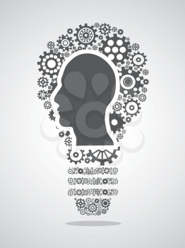 isolated human head in Gears forming a light bulb on white background