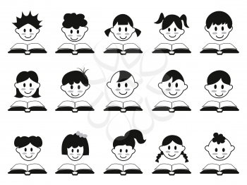 isolated kid head with book icons on white background