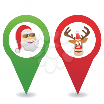 isolated cartoon Christmas map pin icons on white background
