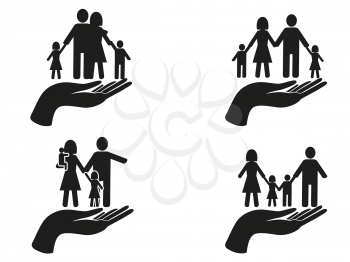 isolated black hand holding family icons set on white background