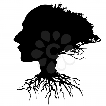 isolated black human head tree vector from white background