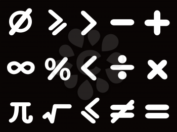 isolated white math icons set on black background