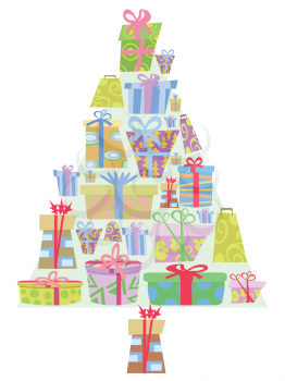 isolated cartoon gift boxes Christmas tree on white background 