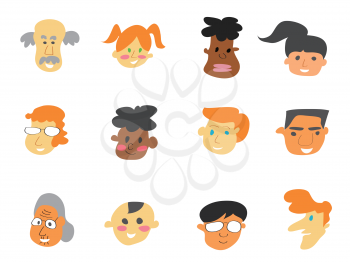 isolated color cartoon people face icons set on white background