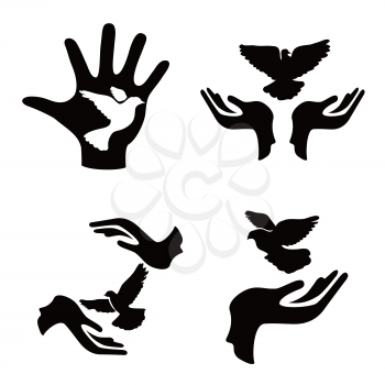 isolated hands with pigeon icons set from white backgronud